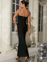 Fashionable Rhinestone Mesh Splice Long Bandage Dress, Black Bodycon